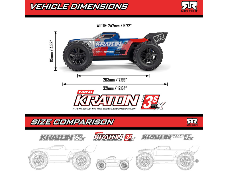 Arrma Mini Kraton 3S DSC BLX 1:16 4WD RTR červená/modrá