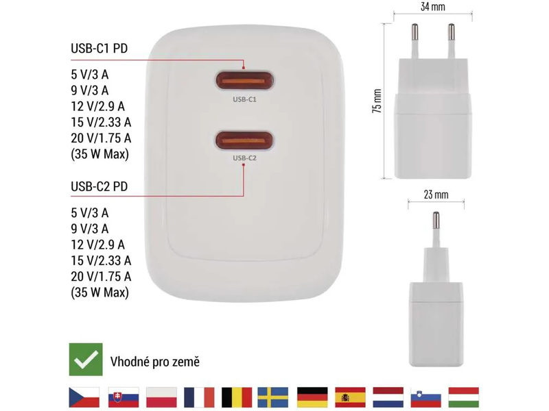 Síťový USB adaptér (zdroj) GaN PD 35W