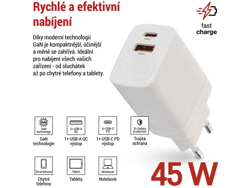 Síťový USB adaptér (zdroj) GaN PD 45W