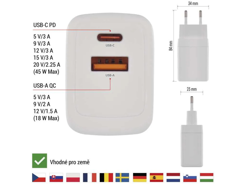 Síťový USB adaptér (zdroj) GaN PD 45W