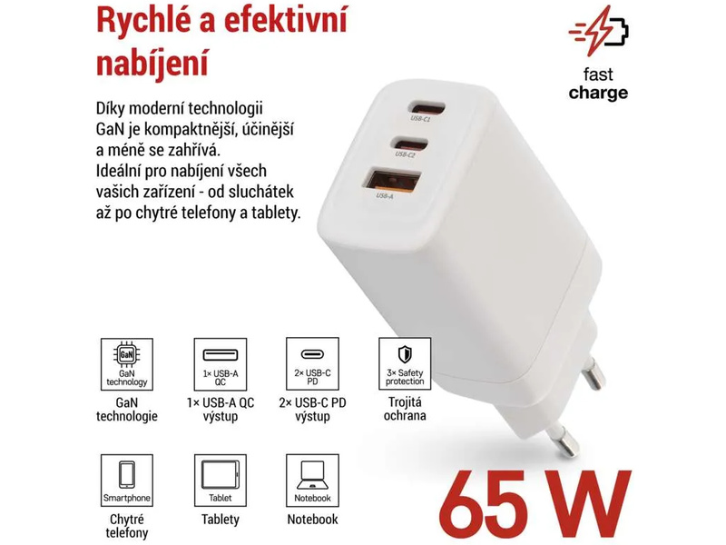 Síťový USB adaptér (zdroj) GaN PD 65W