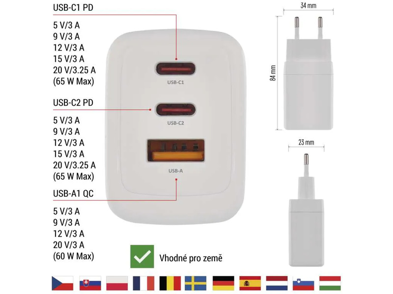 Síťový USB adaptér (zdroj) GaN PD 65W