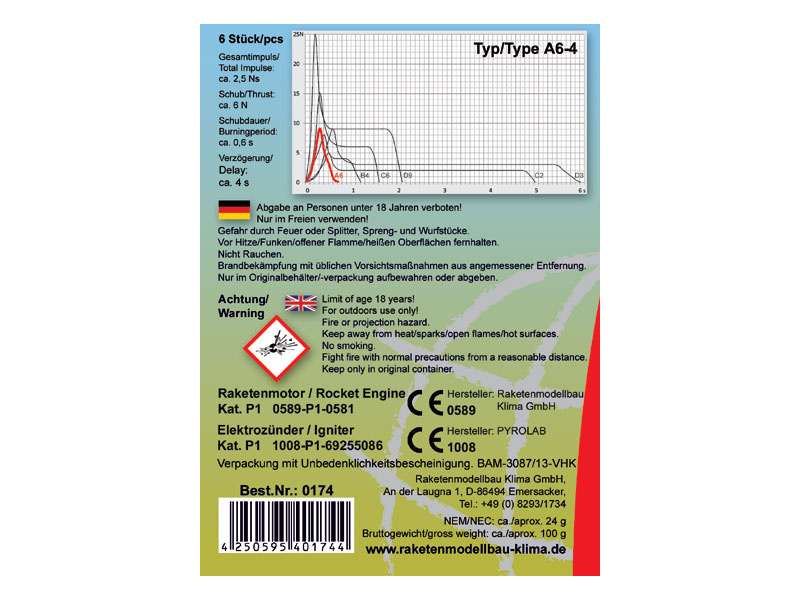 Klima raketový motor A6-4 EL (6ks)