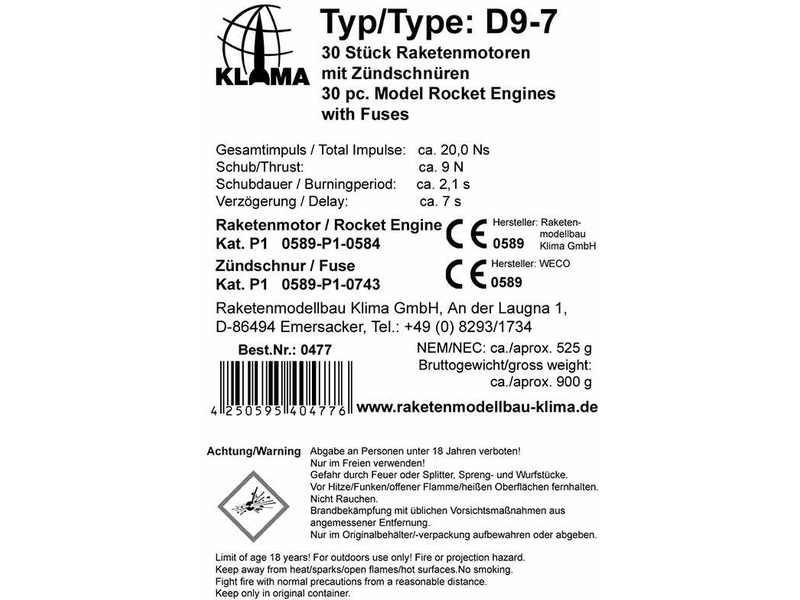 Klima raketový motor D9-7 (30ks)