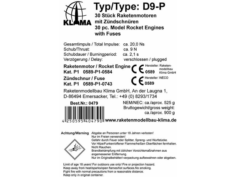 Klima raketový motor D9-P (30ks)