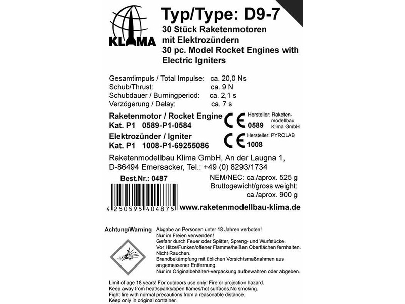 Klima raketový motor D9-7 EL (30ks)