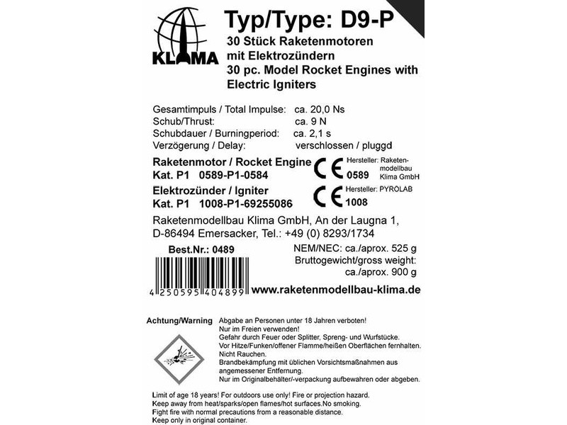 Klima raketový motor D9-P EL (30ks)