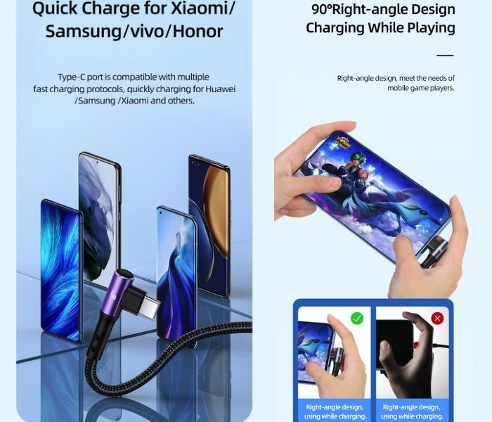 3v1 pravoúhlý 66W rychlý nabíjecí a datový kabel (L + C + M)