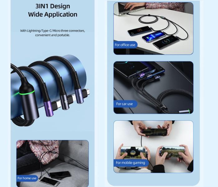 3v1 pravoúhlý 66W rychlý nabíjecí a datový kabel (L + C + M)