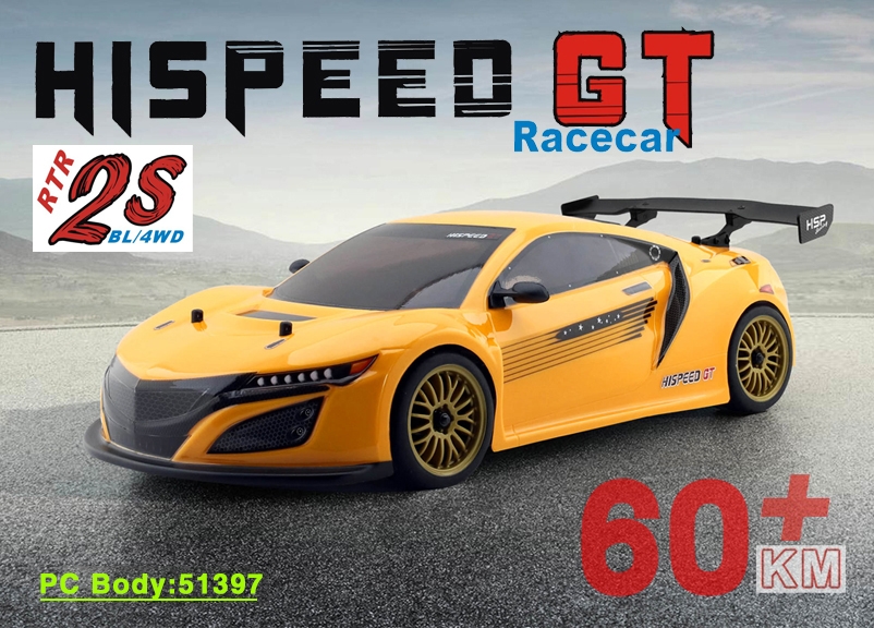 HSP GT PRO 1/10 2,4 GHz Brushless On-road, Žlutý