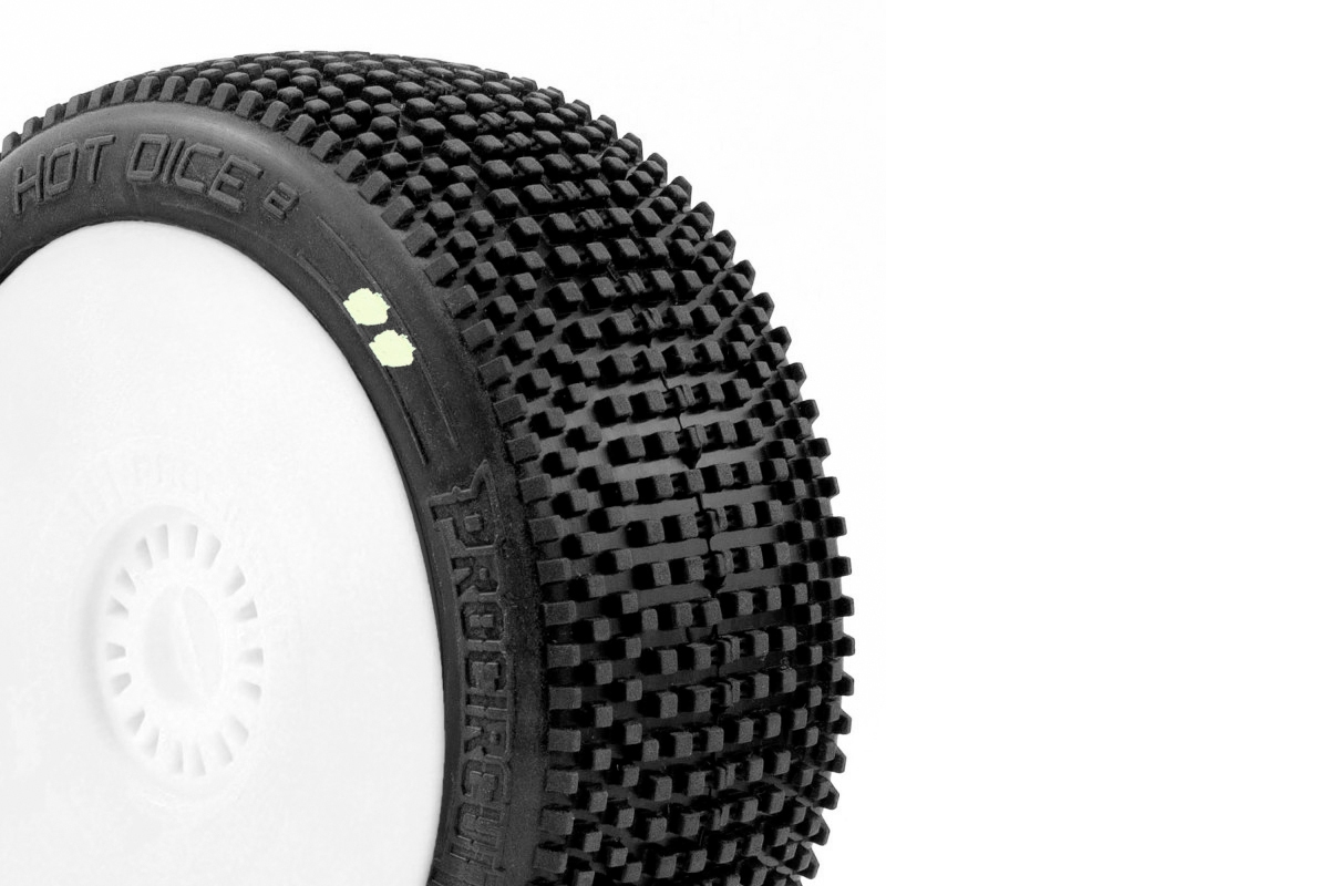 HOT DICES V2 BUGGY S1 (SUPER SOFT) nalepené pneumatiky, bílé disky, 2 ks.