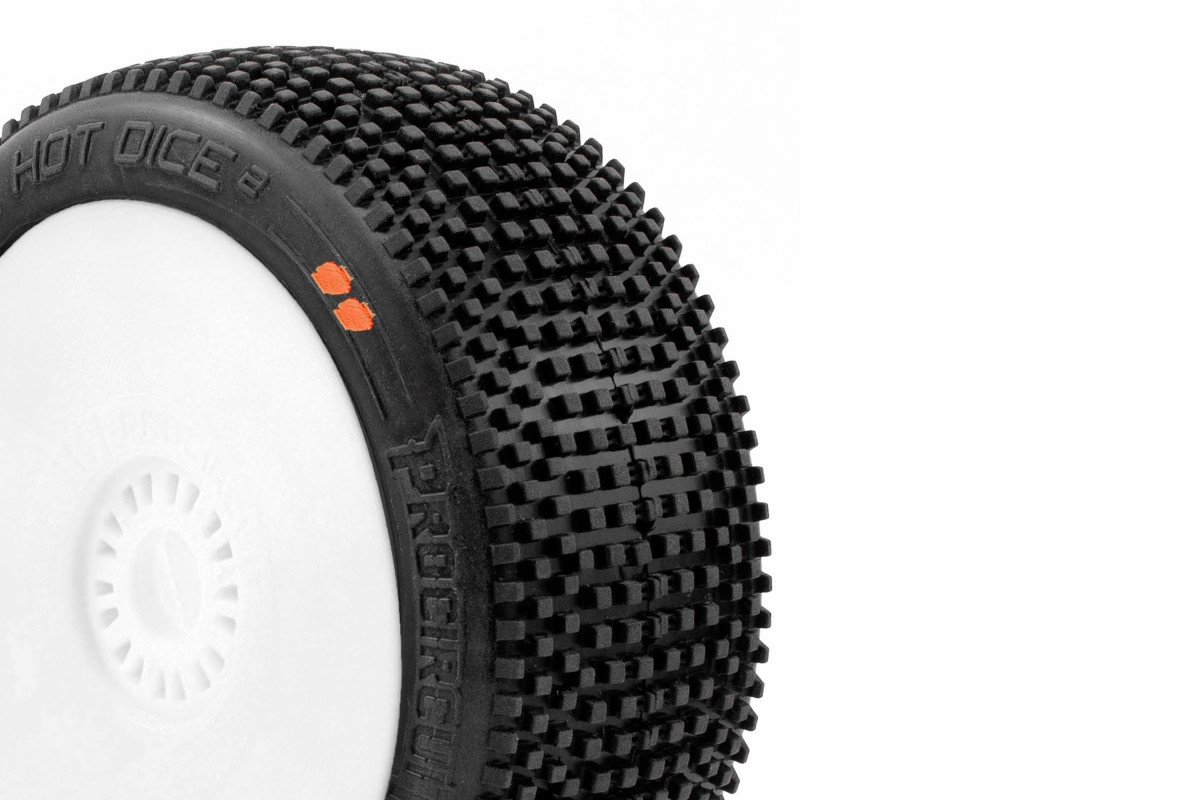 HOT DICES V2 BUGGY S3 (MEDIUM) nalepené pneumatiky, bílé disky, 2 ks.