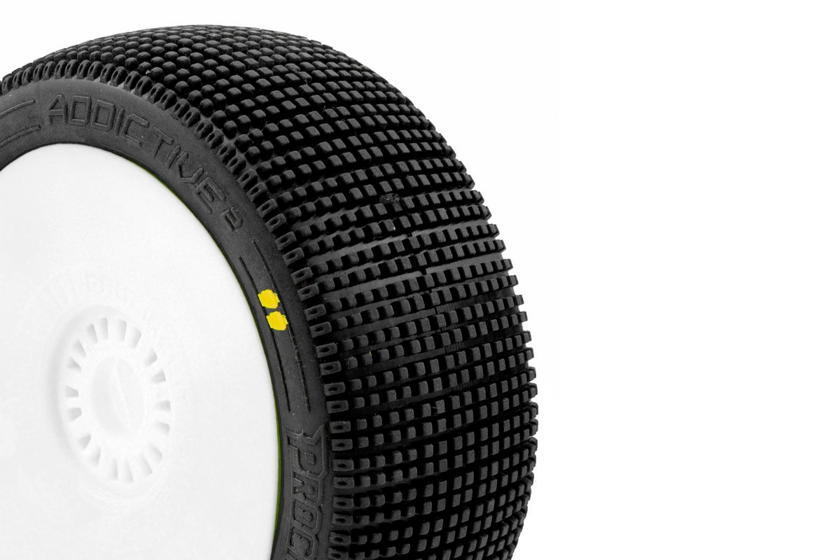 ADDICTIVE V2 BUGGY S2 (SOFT) nalepené pneumatiky, bílé disky, 2 ks.